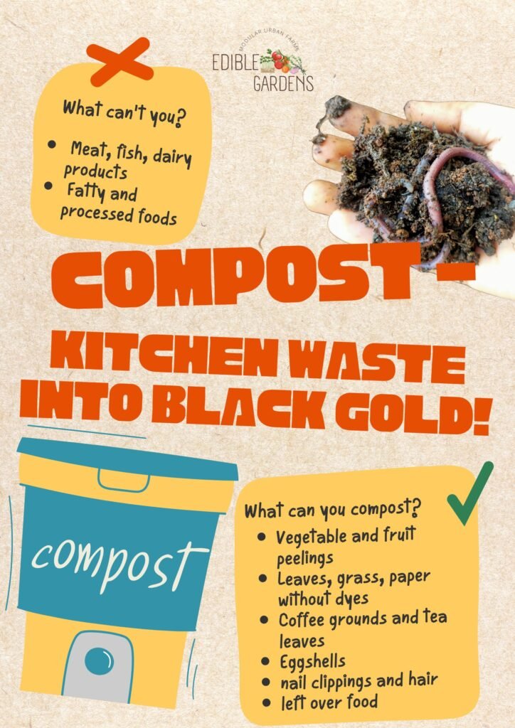 Easy tips to follow in this downloadable infographic on kitchen composting by Edible Gardens India. Keep these tips in mind to make your very own home made kitchen compost easily!
